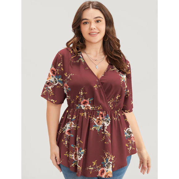Bloomchic Burgundy Floral Print Wrap Ruffles Asymmetrical Hem Blouse 12 NWT - Picture 1 of 4